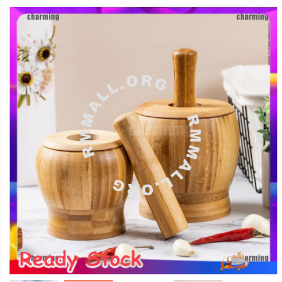 ❉Grinding Set Bamboo Mortar And Pestle Pedestal Bowl Garlic Pot Spice Pepper Salad Mill Kitchen Tools